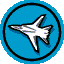 Four circular blue icons with black borders arranged in a , each containing a stylized aircraft; one icon is empty