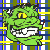 Green pixelated creature with yellow eyes and white teeth appears in three positions against a blue-yellow-green background