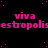 Pixelated text repeats 'viva' and 'estropolis' in bright pink on black background with scattered pink dots, one gray square visible.