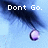 A pixelated image with a blue background shows a dark shape with a purple droplet, accompanied by text that changes across frames.