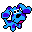 Pixelated blue cartoon dog with purple ears and pink mouth, shown in multiple poses including standing, walking, and sitting against gray background.