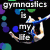 A four- of pixelated text and imagery with a gymnast, swimmer, and name 'i am ashley' on blue and gray backgrounds