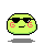 Two pixelated green circular figures with black sunglasses, each displaying red 'G' symbols on their cheeks and a small gray dot near the mouth.