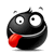 Black spherical character with red tongue, white eyes showing black pupils and small square irises, two antennae on top, gray background.