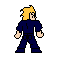 Pixel art character with blonde hair and dark blue outfit holding various colored lightsabers in a of poses