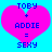 Two identical pixelated heart-shaped icons with blue text on a cyan background, each displaying 'TOBY + ADDIE = SEXY' in blocky font.