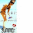 Pixelated image of a person in a white outfit with brown hair, holding a blue object, standing on a platform with a red heart symbol nearby.