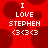 Red background with dark red circles; white pixelated text reads "I LOVE STEPHEN <3<3<3" in four lines.