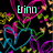 Pixelated cyan text labels 'Erinn', 'Nicole', and 'Rusal' appear over a black background with colorful heart outlines and scattered small shapes.