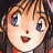 Pixelated anime-style character with brown hair and blue eyes, wearing a red top, next to black background with white text.