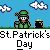 Pixel art contact sheet showing five animated frames of a green-clad leprechaun character with pot-of-gold props, rainbow effects, and "St. Patrick's Day" text across multiple panels.