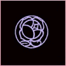 A circular white symbol on black background, followed by five anime-style character portraits with purple hair, red clothing, and various accessories.