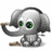 Animated gray elephant with green eyes holding a brown stick, seated on white background.
