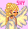 Pixelated character with blonde hair and closed eyes, wearing a light-colored dress against pink background with 'SHY' text.
