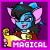 Pixel art contact sheet of an animated Neopets character with blue skin, pink ears, and black hair holding a golden scroll against a purple background with "MAGICAL" text.