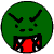 Two green circular pixelated faces with black eyebrows, small black eyes, and open mouths showing red tongues and white teeth.