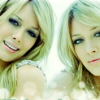 Two side-by-side close-up portraits of a person with blonde hair, blue eyes, and light skin, wearing a white sleeveless top with a patterned strap.