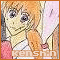 Anime-style character with orange hair in pigtails, wearing white and red clothing, holding a pink umbrella-like object.