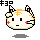 Pixelated character with white face, orange markings, red cheeks, black eyes, and small horns in four static poses against gray background.