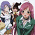 Four anime-style character groupings with varying compositions and a black containing red text