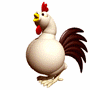 Animated rooster with white body, red comb and wattle, yellow beak, brown tail feathers, and light tan feet in nine sequential poses showing head turning left to right.