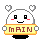 Pixelated character with white rounded head, black square eyes, red cheeks, and smiling mouth holds yellow sign with brown text 'mRIN' against gray background with floating hearts.