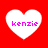 Four white heart shapes on a red background, each containing the text 'kenzie' in pink pixelated font.