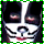 six identical cartoon cat faces with black and white fur, yellow eyes, red lips, and a green border
