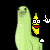 Animated pixel art of a green creature holding a yellow banana character with red mouth and white eyes, against black background.