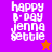 Pixelated text 'happy b-day jenna settle' on four colored backgrounds with two star icons, one orange and one purple.