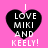 Four identical pixelated heart-shaped icons on a bright pink background, each displaying white text reading "I LOVE MIKI AND KEELY!" in a blocky font.