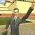 A pixelated figure in a dark suit with a red tie raises one arm while holding a briefcase, standing before a yellow building with a red stripe.