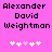 Pixelated text 'Alexander David Weightman' in black on pink background with two of white and light pink plus signs below
