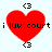 Red heart-shaped icon with black text 'i luv court' and four '<3' symbols at corners, displayed in a