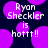 Pixelated text reads 'Ryon Sheckler is hottt!!' over a dark background with purple circular shapes.