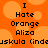 Pixelated text on an orange background with blurred circular shapes, showing repeated phrases and partial text.