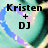 Pixelated icon with black text 'Kristen + DJ' over a pastel gradient background featuring blue, purple, and green hues.