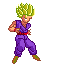 Pixel art character with spiky green hair in two poses: left pose shows clenched fists, right pose extends one arm forward.