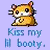 Pixelated hamster icon with orange-brown fur, white chest, and dark eyes on light purple background; blue text below reads "Kiss my M body.".