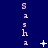 A vertical arrangement of the word 'sasha' in light pink letters on a dark blue background, with animated white symbols appearing and disappearing at various positions.