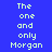 Pixelated text "The one and only Morgan" displayed in four quadrants with varying blue backgrounds.