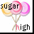 Animated icon with lollipops and text; 'sugar' above, 'high' below. Lollipop colors shift between yellow-orange, pink, and purple across frames.