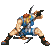 Pixel art character in blue sleeveless top and brown boots performing dynamic combat poses with curved blade weapon against gray background.