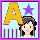 Yellow 'A' with purple star above, girl with dark hair and pink headband on light blue background with vertical stripes.
