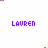 Purple text 'LAUREN' on white background with scattered purple pixel fragments, no visible animation changes.