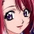 Anime-style character with red hair and purple eyes on left, black background with white text on right.