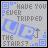 A static pixel art image with text "HAVE YOU EVER TRIPPED UP THE STAIRS?" and a small upward arrow, surrounded by blue square border elements on a light gray background.