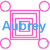 Pixelated icon with pink concentric squares and four corner circles, overlaid blue text reading 'Aubrey' on a white background.