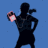 Pixelated figure in black silhouette against blue background holding pink glowing object with visible hand details.