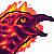 Pixelated head of a bird-like creature with fiery orange and yellow flames surrounding it, mouth open in a silent scream.